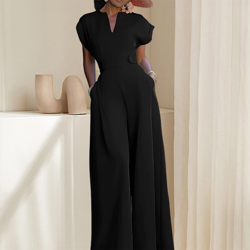 Women's V-Neck Wide-Leg Jumpsuit with Button Detail - Office to Evening