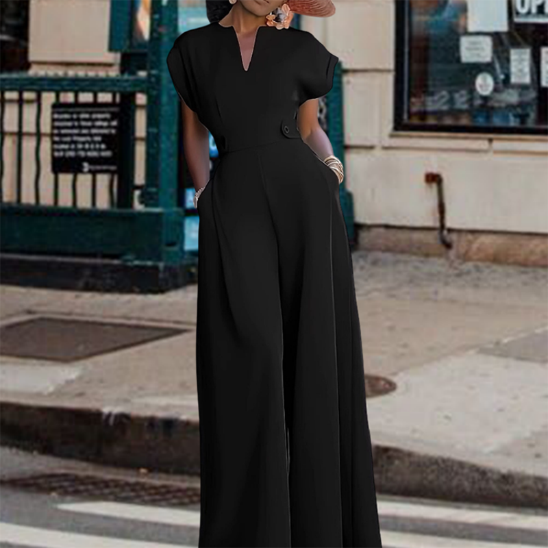 Women's V-Neck Wide-Leg Jumpsuit with Button Detail - Office to Evening