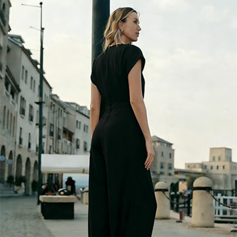 Women's V-Neck Wide-Leg Jumpsuit with Button Detail - Office to Evening