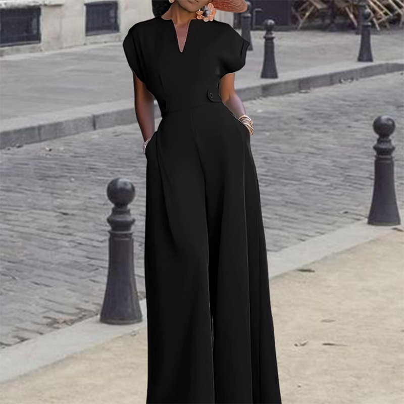 Women's V-Neck Wide-Leg Jumpsuit with Button Detail - Office to Evening