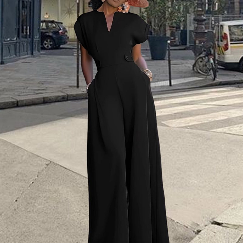 Women's V-Neck Wide-Leg Jumpsuit with Button Detail - Office to Evening