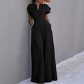 Women's V-Neck Wide-Leg Jumpsuit with Button Detail - Office to Evening